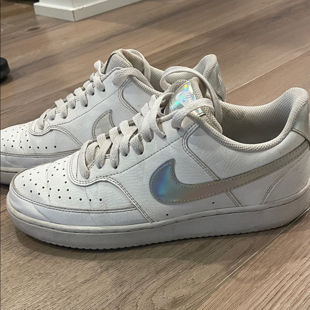 Nike White Sneakers with Holographic Swoosh